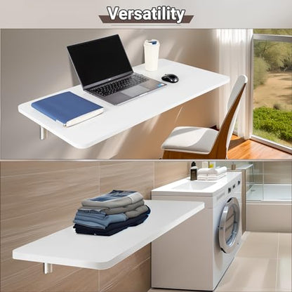 Neoaider Wall Mounted Folding Table 39.4”L x 19.7”W, White | Laundry Folding Table with Heavy Duty Metal Collapsible Shelf Brackets, Wall Mounted Desk Fold Down for Small Spaces - color: White, size: 39.4" x 19.7"