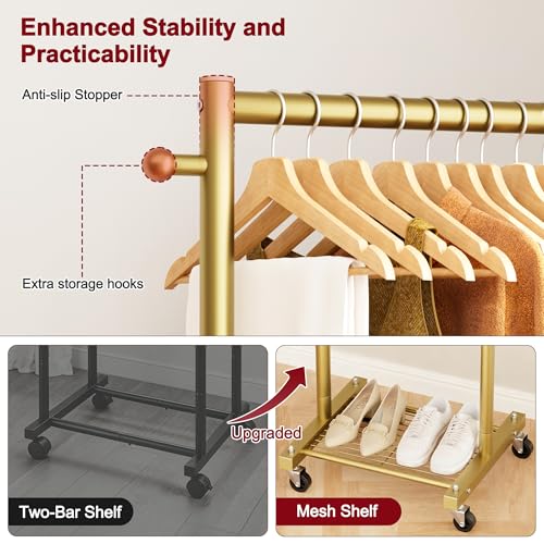 SLEEPING LAMB Small Clothes Racks for Hanging Clothes, Rolling Clothing Rack with Shelves, 60" Metal Garment Rack with Wheels Portable Wardrobe Rack for Small Space, Gold - color: Gold