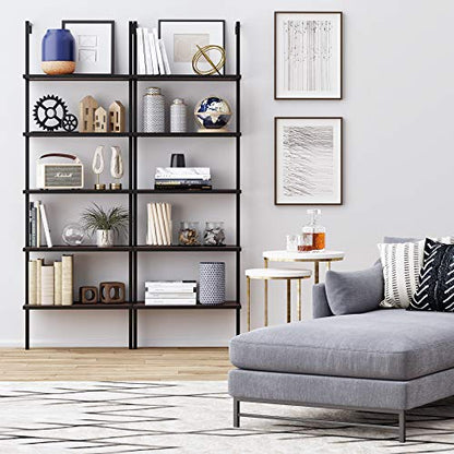 Nathan James Theo 5-Shelf Wood Modern Bookcase, Open Wall Mount Ladder Bookshelf with Industrial Metal Frame, Brown Walnut/Black - color: Theo Brown Walnut/Black, size: Set of 1
