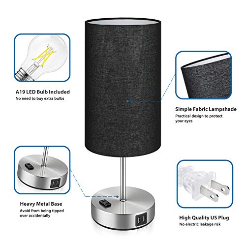 Black Touch Control Table Lamp Set of 2, with 2 USB Charging Ports&AC Outlet, 3-Way Dimmable Bedside Nightstand Lamps with Fabric Lampshade for Reading, Bedroom, Living Room, A19 LED Bulbs Included - color: Black