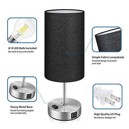 Black Touch Control Table Lamp Set of 2, with 2 USB Charging Ports&AC Outlet, 3-Way Dimmable Bedside Nightstand Lamps with Fabric Lampshade for Reading, Bedroom, Living Room, A19 LED Bulbs Included - color: Black