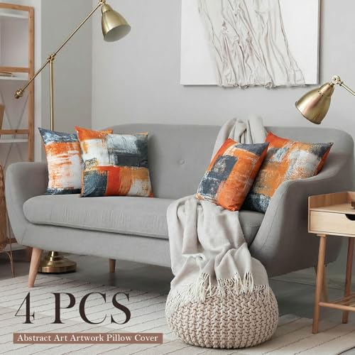 Burnt Orange Throw Pillow Covers 16x16 Set of 4 Decorative Cushion Cover Taupe Abstract Art Painting Pillow Covers for Sofa Couch Bedroom Living Room Outdoor Home Décor | Taupe & Burnt Orange modern‑art cushion cases, neutral aesthetic pillowcases for sof