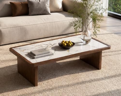 47.24" Solid Wood Coffee Table with Sintered Stone Top, Mid-Century Modern Design, Walnut Living Room Tea Center Table - color: Style 5: White Walnut