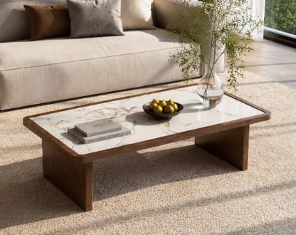 47.24" Solid Wood Coffee Table with Sintered Stone Top, Mid-Century Modern Design, Walnut Living Room Tea Center Table - color: Style 5: White Walnut