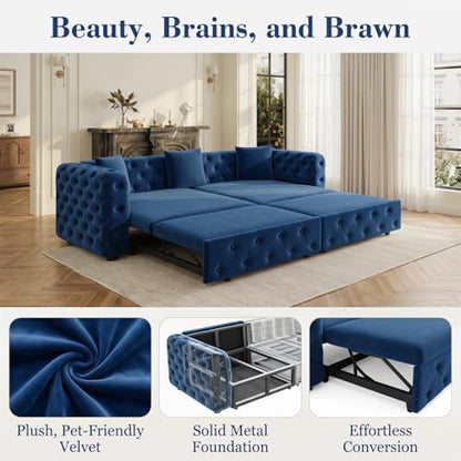 89" 4-Seater Queen Size Pull Out Sofa Bed with 3 Pillows, Blue | 4-Seater Classic Velvet Sofa with Tufted Design,3 Pillows,89" Extra Large 3-in-1 Pull Out Sofa - color: Q-blue-w01