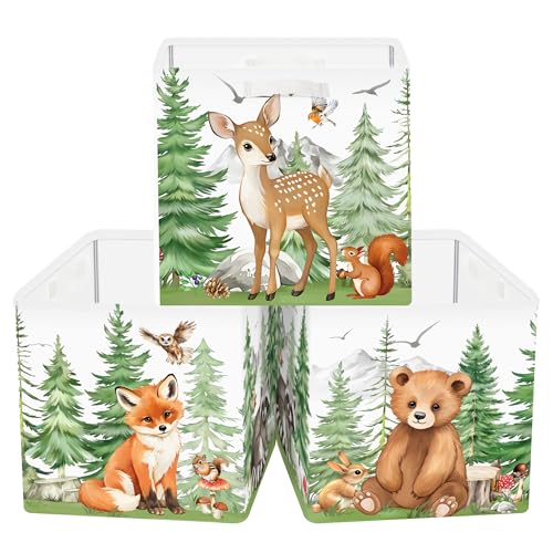 Clastyle 11.8" Animal Storage Basket Set of 3 for Kid Toy Clothes Bin | Collapsible Fabric Book Bin, Metal Frame Bottom Board, Cube Organizer, Closet Nursery Pantry Shelf Bedroom, Cedar Fox Bear - color: Cedar Lion Elephant, size: 30x30x30 cm