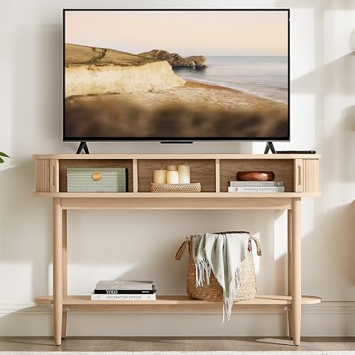 LINSY Fluted Console Table with Storage and Shelves, Light Wood | Entryway Table, Wood Entrance, Behind Couch Sofa Table, Foyer Tables for Hallways, Living Room Boho Furniture, Narrow Long - color: Light Wood