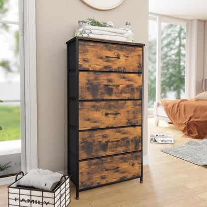 Tall Dresser, Wide Vertical Fabric Storage Tower, 5 Drawer (Rustic Brown) | Sturdy Steel Frame, Wood Top and Easy Pull Handle, Space-saving Organizer for Clothes, Bedroom, Hallway, Entryway, Closets - color: Rustic Brown, style: Wide