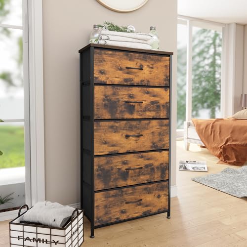 Tall Dresser, Wide Vertical Fabric Storage Tower, 5 Drawer (Rustic Brown) | Sturdy Steel Frame, Wood Top and Easy Pull Handle, Space-saving Organizer for Clothes, Bedroom, Hallway, Entryway, Closets - color: Rustic Brown, style: Wide