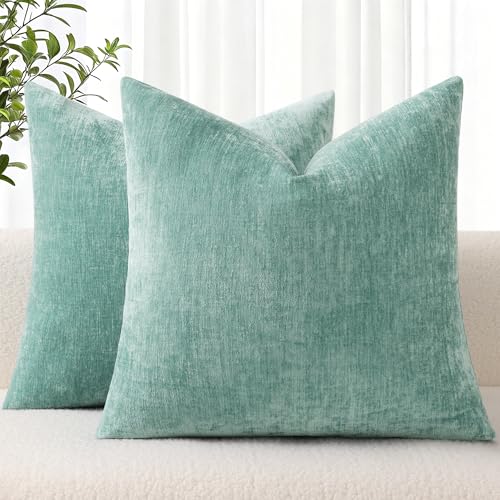 decorUhome Chenille Aqua Haze Throw Pillow Covers 18x18 Inch Set of 2, Decorative Soft Couch Pillow Covers Solid Dyed Accent Velvet Farmhouse Neutral Square Pillow Cases for Sofa Bed Living Room | Decorative Fall Couch Pillow Covers Solid Dyed Accent Mode