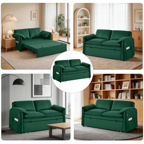 63" 3-in-1 Velvet Convertible Sleeper Sofa Bed, Modern Adjustable Backrest Loveseat Pull Out Couch with USB & Side Pocket, Small Space Love Seat Sofa Bed for Living Room, Bedroom, Green Velvet - color: Green