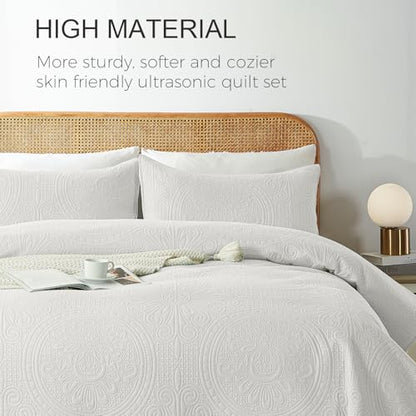 WURUIBO Full/Queen Quilt Set White,Ultrasonic Embossed Bedspread, Lightweight Microfiber Coverlet, Modern Thin Bedding Set for All Season, 3 Piece(1 Quilt,2 Pillow Shams) - color: White, size: Full/Queen(90"x96")