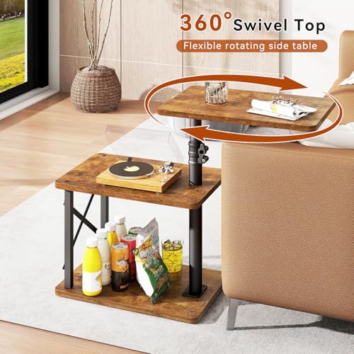IBUYKE 360° Swivel Height Adjustable C Shaped Side Table,Brown UTVT006H | Tv Tray Table,End Table for Small Spaces Sofa Bed,With Storage Shelf,3-Tier Night Stand,For Living Room,Bedroom - color: Brown
