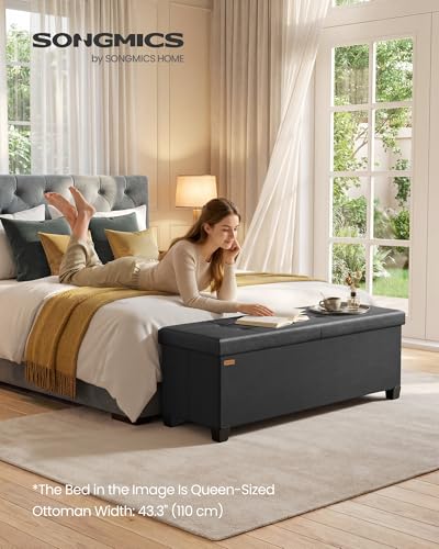 SONGMICS Storage Ottoman Bench with Legs, Folding Ottoman Foot Rest with Flipping Lid, Bench with Storage, for Living Room, Bedroom, Entryway, Synthetic Leather, 43.3 Inches, Ink Black ULSF085BH01 - color: Black, style: with Flipping Lid