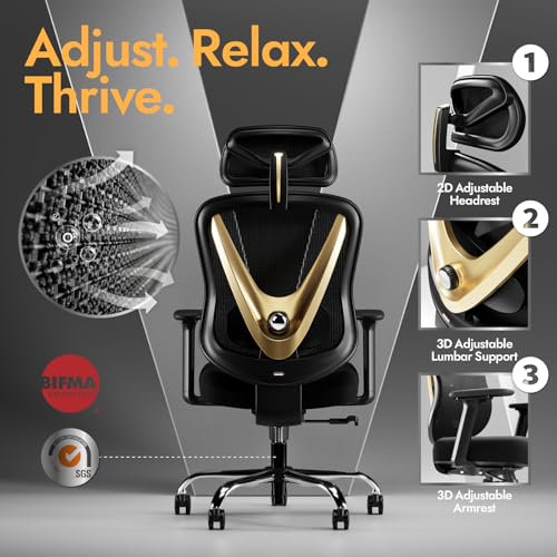 Ergonomic Mesh Office Chair - 3D Adjustable Lumbar Support & 3D Armrests, V-Shaped Back, Adjustable Desk Chair for Office & Home, Black and Gold - color: Black+gold