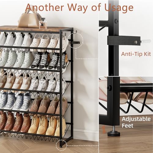 6 Tier Rotating Vertical Shoe Rack Tower, Wooden Shoe Storage Organizer with Hooks, Sturdy Metal Narrow Shoe Shelf for 18-24 Pairs, Vertical Shoe Organizer for Closet Entryway, Rustic Brown - size: 6-tier(27.8 × 11.2 × 38.6)