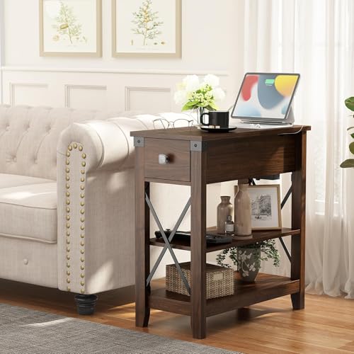 Awescuti Narrow End Table with Charging Station - Farmhouse Slim Side Table Set of 2, w/USB Ports Power Outlets, Nightstand w/Flip Top Storage Drawer, for Small Spaces Living Room Bedroom, Walnut - color: Walnut, size: Set