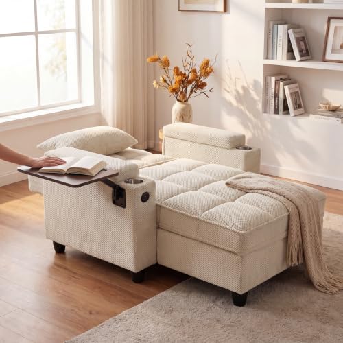 Convertible Sleeper Chair, Pull Out Sofa Bed with Adjustable Backrest & Hidden Storage Armrest, Single Sofa Recliner with USB Charging Port & Cup Holders for Living Room, Bedroom, Beige - color: C-beige-p8