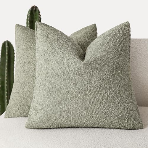 Foindtower Set of 2, Decorative Textured Boucle Throw Pillow Covers Accent Solid Pillow Cases Neutral Soft Couch Cushion Case for Chair Sofa Bedroom Living Room Home Decor 16x16 Inch Dirty Sage Green - color: Desert Sage Green, size: 16" x 16" (Pack of 2)