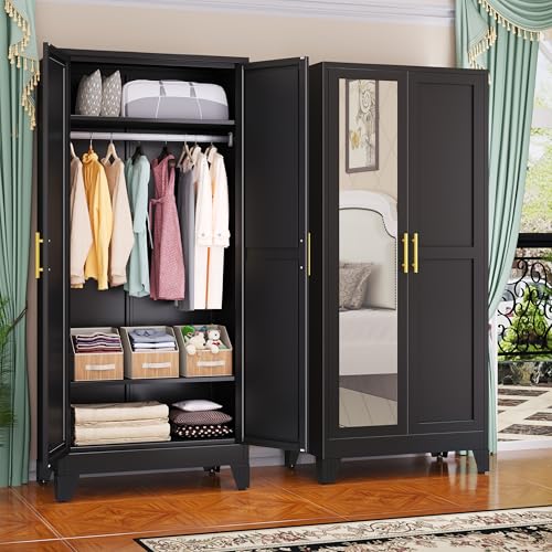 GAIOUS Metal Wardrobe Cabinet with Mirror and Hanging Rod, 71" Black | Clothing Storage Cabinets with 2 Doors and Adjustable Shelves, Armoire Wardrobe Closet for Bedroom, Laundry Room, Cloak Room - color: No Drawer Black- Mirror Style, size: 17.71"D x 31.