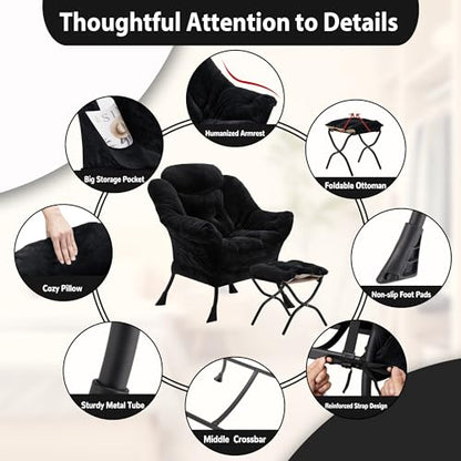 Youtanic Lazy Chair with Folding Ottoman, Accent Chair Plush Upholstered with Metal Structure and Non-Slip Pads, Sofa Armchair with Footrest and Side Storage Bag for Dorm, Room, Office, Black - color: Plush Black