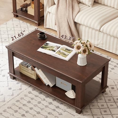 Farmhouse Coffee Table Set of 3, Walnut | Rustic Wood 3 Piece Coffee and End Table Sets with Open Shelf for Living Room - color: Walnut