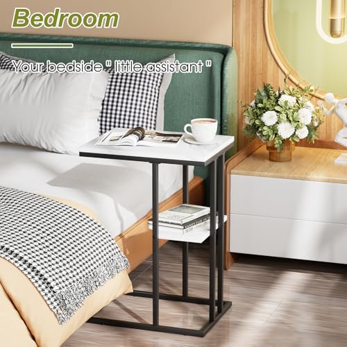 C Shaped End Side Table, Couch Sofa Table for Small Space, Black Snack Table with Metal Frame, TV Tray Table for Bed, Living Room, Bedroom, Bedside(White Marble) - color: White Marble+black