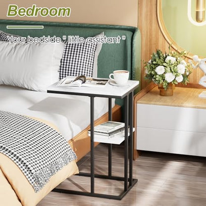 C Shaped End Side Table, Couch Sofa Table for Small Space, Black Snack Table with Metal Frame, TV Tray Table for Bed, Living Room, Bedroom, Bedside(White Marble) - color: White Marble+black