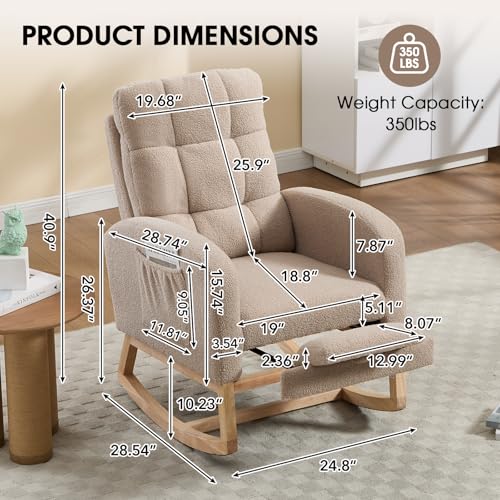 Rocking Chair Nursing, Rocker Chair with Footrest (Brown) | Teddy Boucle Upholstered Accent Reading Chair with High Back & Side Pocket for Living Room Bedroom Nursery Office - color: Brown