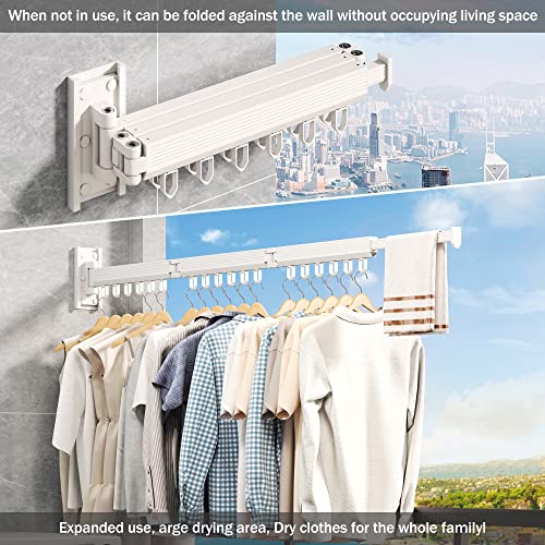 Wall Mounted Foldable Clothes Drying Rack, Heavy Duty 3-Fold Laundry Airer with Ring Hook Design, Space Saving Aluminum Rack for Balcony Bathroom Laundry Room,White Rings - style: White-Rings