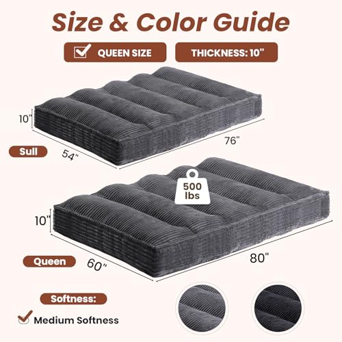 10" Futon Mattress Queen Size,Futons Sofa Couch Bed with Straps, Thick Corduroy Floor Mattress for Adults, Roll Up Folding Mattress Shredded Foam Filling, Medium Firm (Gray, Queen) - color: Grey, size: Queen (10 inches)