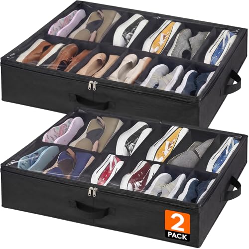 Lifewit Under Bed Shoe Storage Organizer 2 Pack(12 Shoes Cells), 4.3 Inches Profile Fabric Shoes Container Box with Clear Cover, Foldable Storage Bag with 2 Handles, Fits 12 to 24 Pairs - style: 12 Shoes Cells
