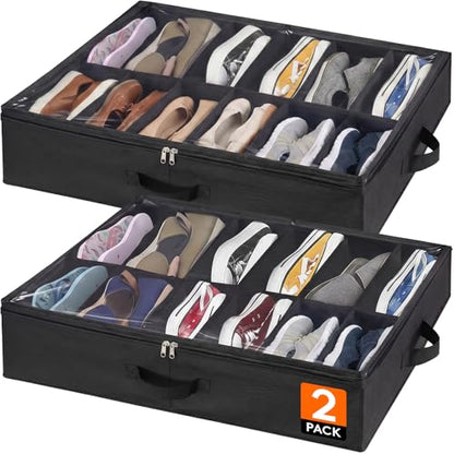 Lifewit Under Bed Shoe Storage Organizer 2 Pack(12 Shoes Cells), 4.3 Inches Profile Fabric Shoes Container Box with Clear Cover, Foldable Storage Bag with 2 Handles, Fits 12 to 24 Pairs - style: 12 Shoes Cells
