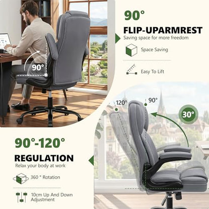 Leather Office Chair with Flip Up Arms, 360° Swivel Ergonomic Desk Chair with Wheels, Adjustable Height Computer Chair with Padded Seat for Home Office, Study,Gaming Room, Gray - color: Grey
