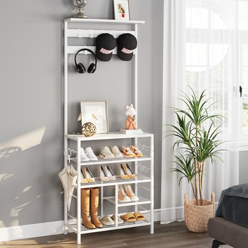 GiftGo Modern White Large 5-Tier Hall Tree Entryway Wooden Shoes Rack Shelf Coat Rack with Movable 9 Metal Hooks Storage Organizer for Home Office Bedroom Mudroom Living Room - color: White