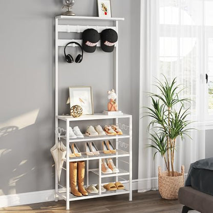 GiftGo Modern White Large 5-Tier Hall Tree Entryway Wooden Shoes Rack Shelf Coat Rack with Movable 9 Metal Hooks Storage Organizer for Home Office Bedroom Mudroom Living Room - color: White