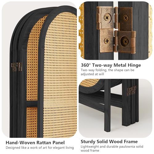4 Panel Room Divider, Hand-Woven Rattan Room Divider Screen, Folding Privacy Screens with Double Hinges, Wooden Freestanding Wall Divider for Room Separation Bedroom Home Office - Black - color: 4 Panels Black, size: 4 Panels
