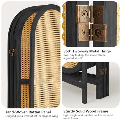 4 Panel Room Divider, Hand-Woven Rattan Room Divider Screen, Folding Privacy Screens with Double Hinges, Wooden Freestanding Wall Divider for Room Separation Bedroom Home Office - Black - color: 4 Panels Black, size: 4 Panels
