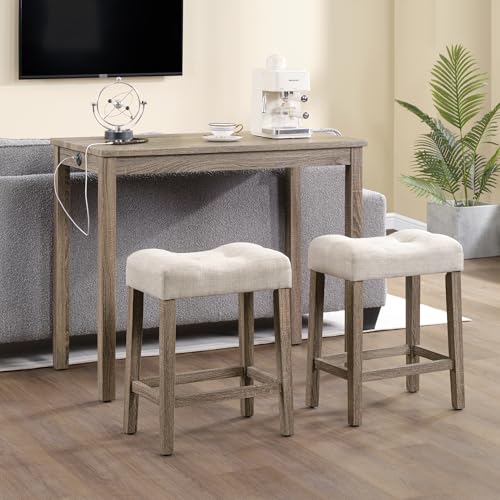 DUHOME 3 Piece Bar Table Set,Dining Bar Table and 2 Chairs Set with Charging Station Industrial Breakfast Table with 2 Padded Stools Rustic Bar Kitchen Dinning Room Living Room Cream
