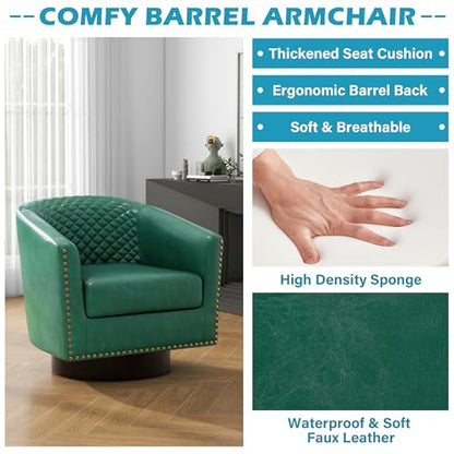 Faux Leather Swivel Accent Chair, Modern Barrel Club Armchair, Green | Comfy Living Room Chair, Modern Nailhead Trim Round Armchair Bedroom Reading Seat with Removable Cushion, Wood Frame - color: Retro Green