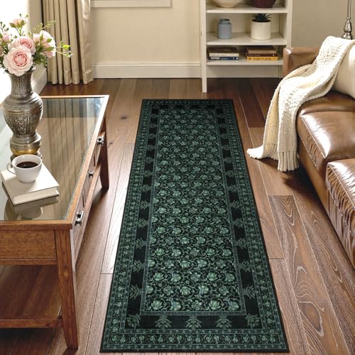 Lahome Black Kitchen Runner 2.5x8, Machine Washable Runners for Hallways, Vintage Floral Carpet Runners for Bedroom Laundry Room High Traffic (2'6"x8', Black/Green) - color: Black/Green, size: 2' x 8'
