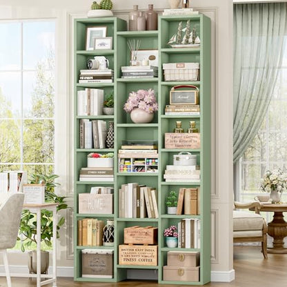 FOTOSOK 71'' H Bookshelf with 21 Cubes, Triple Wide Tall Bookshelf Green | 8 Tier Bookcase with 8 Adjustable Shelves, Large Bookshelf DVD/CD Media Tower Storage, Freestanding Display Shelf Cabinet - color: Green