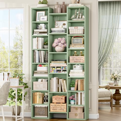 FOTOSOK 71'' H Bookshelf with 21 Cubes, Triple Wide Tall Bookshelf Green | 8 Tier Bookcase with 8 Adjustable Shelves, Large Bookshelf DVD/CD Media Tower Storage, Freestanding Display Shelf Cabinet - color: Green