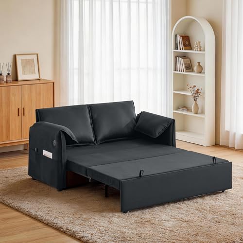 63" 3-in-1 Velvet Convertible Sleeper Sofa Bed, Modern Adjustable Backrest Loveseat Pull Out Couch with USB & Side Pocket, Small Space Love Seat Sofa Bed for Living Room, Bedroom, Dark Grey Velvet - color: Dark Grey