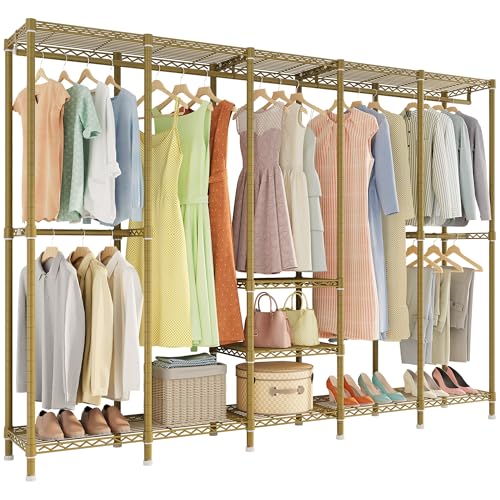 Higeego H5 Heavy Duty Clothes Rack, Freestanding Clothing Rack, Gold | 93.3"Wx15.7"Dx75.4"H, Large Garment Rack, Freestanding Clost Rack for hanging clothes, with Adjustable Shelf, Load 1400 lbs - color: Gold