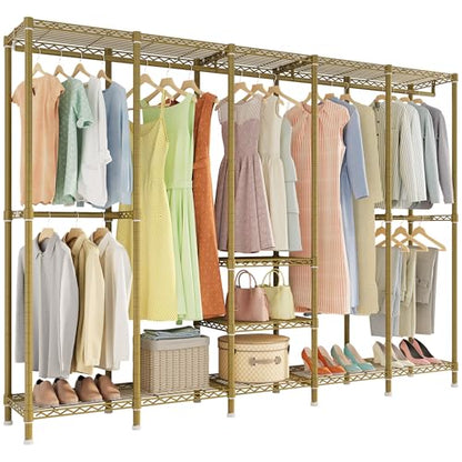 Higeego H5 Heavy Duty Clothes Rack, Freestanding Clothing Rack, Gold | 93.3"Wx15.7"Dx75.4"H, Large Garment Rack, Freestanding Clost Rack for hanging clothes, with Adjustable Shelf, Load 1400 lbs - color: Gold