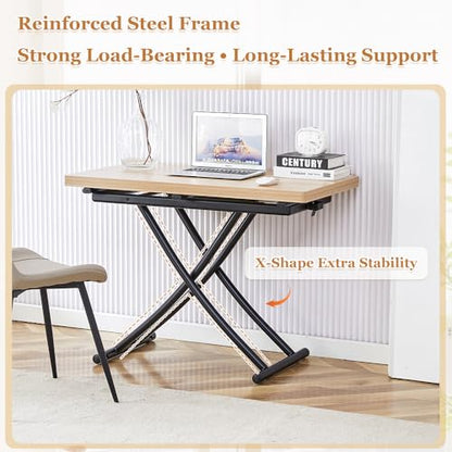 Adjustable Height Coffee Table, 4-in-1 Folding Dining Table, Oak | Convertible lift top table for use as a coffee table, dining table, home office desk or vanity - color: Oak & Black Legs