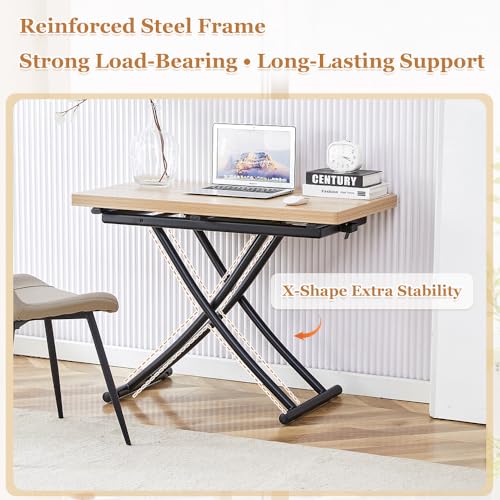 Adjustable Height Coffee Table, 4-in-1 Folding Dining Table, Oak | Convertible lift top table for use as a coffee table, dining table, home office desk or vanity - color: Oak & Black Legs