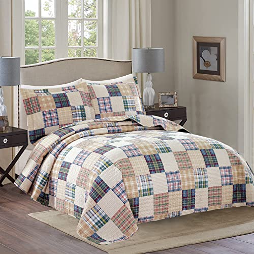 Ycosy Beige Plaid Quilt Set Full/Queen Size Patchwork Quilts Bedding Plaid Reversible Bedspread Coverlet Soft Lightweight Bed Cover Set All Season,1 Quilt 2 Pillow Shams - color: Beige, size: Full/Queen