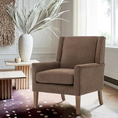 COLAMY Modern Wingback Living Room Chair, Upholstered Fabric Accent Armchair, Single Sofa Chair with Lounge Seat and Wood Legs for Bedroom/Office/Reading Spaces, Brown - color: Brown, size: Set of 1